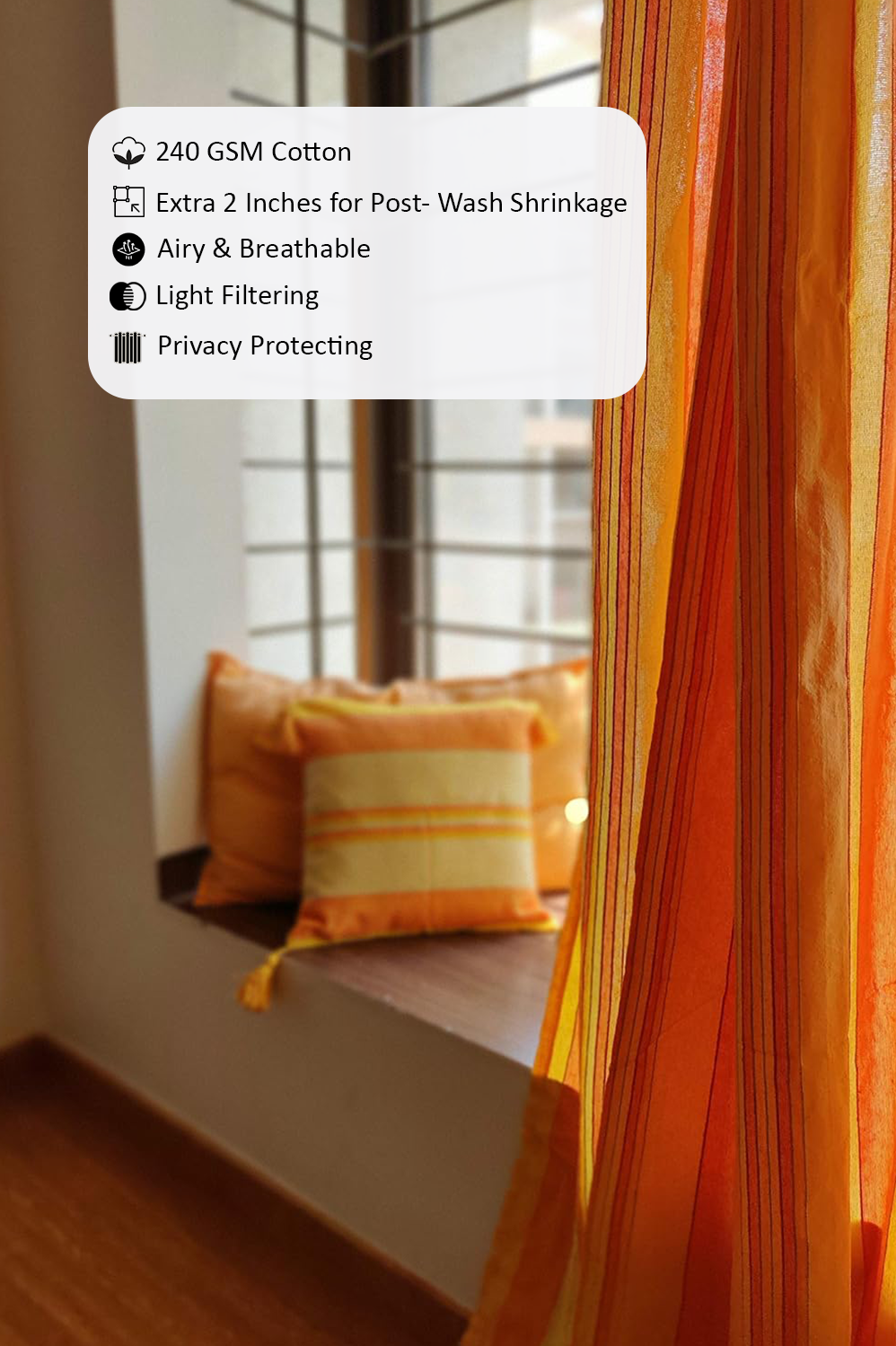 Handloom Cotton Yellow Striped Light Filtering Curtains 8 feet (Set of 2)