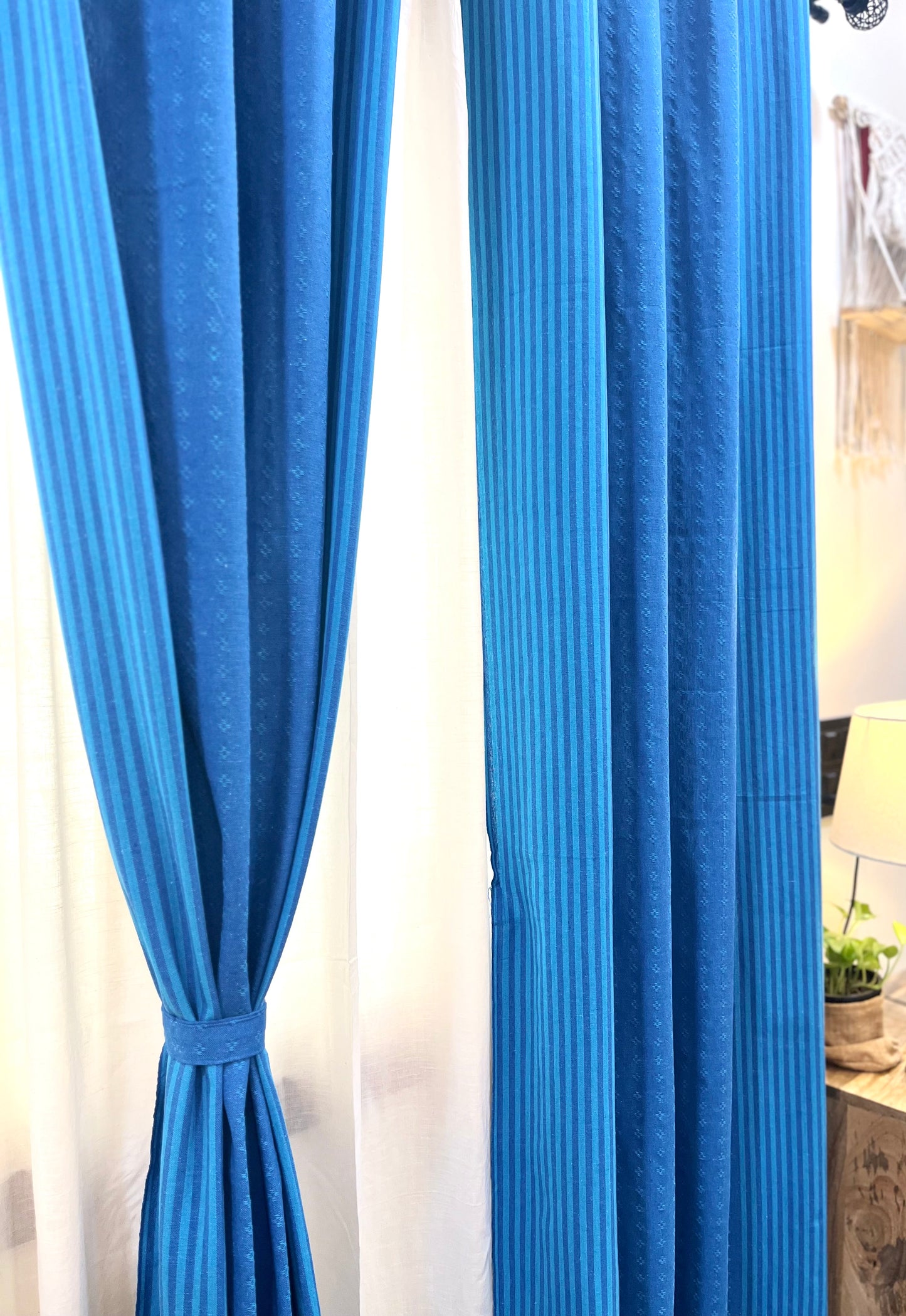 Handloom Cotton Blue Darkened Glow Curtains 9 feet (Set of 2)
