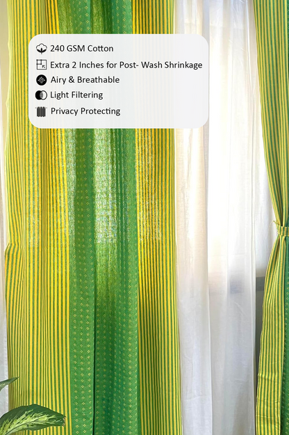 Handloom Cotton Green-Yellow Darkened Glow Curtains 7 feet (Set of 2)