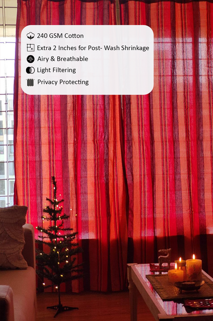 Handloom Cotton Red Striped Light Filtering Curtains 9 feet (Set of 2)