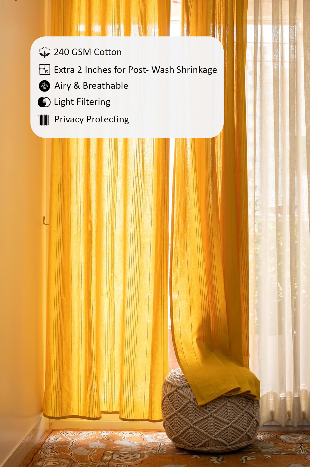 Handloom Cotton Yellow Solid Light Filtering Curtains 5 feet (Set of 2)