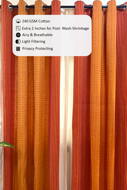 Handloom Cotton Orange-Red Darkened Glow Curtains 8 feet (Set of 2)