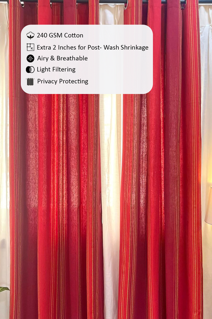 Handloom Cotton Red Striped Darkened Glow Curtains 8 feet (Set of 2)