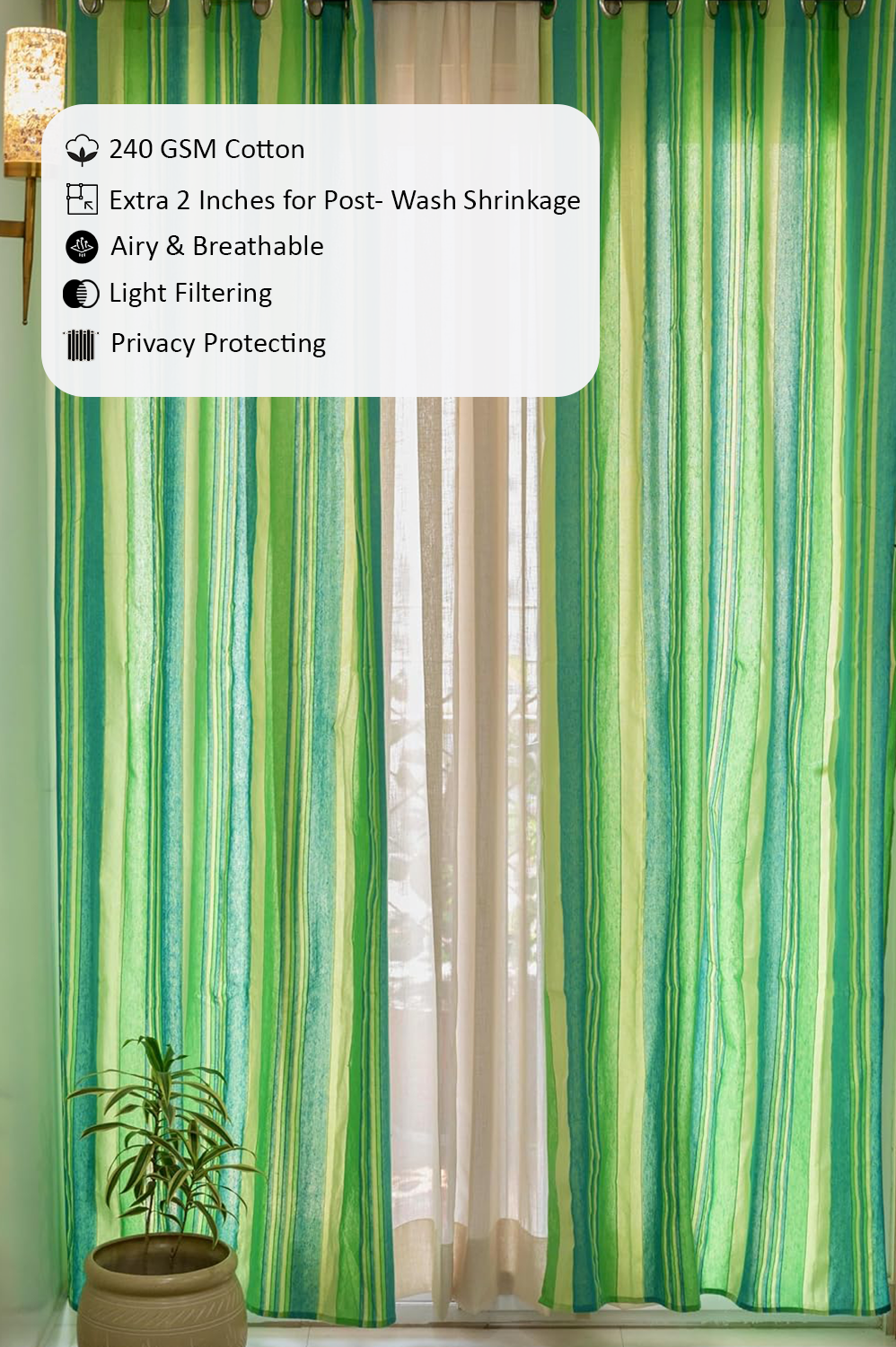 Handloom Cotton Green Striped Light Filtering Curtains 9 feet (Set of 2)