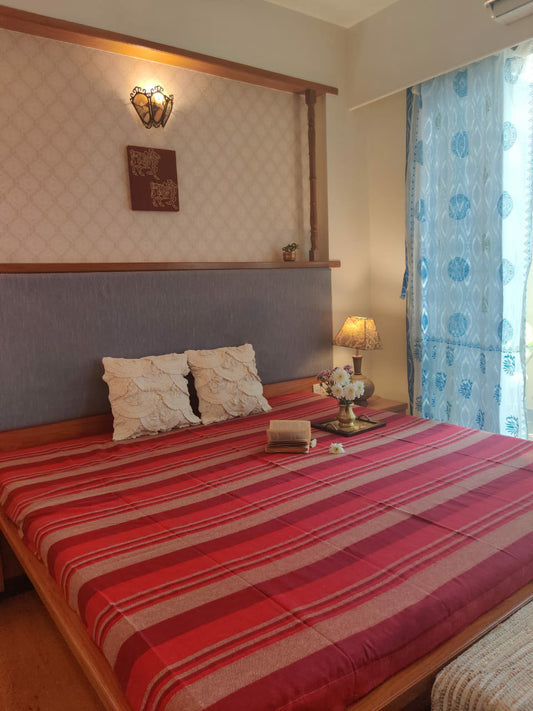 Handloom Cotton Maroon Striped Double Bedcover without Pillow Covers