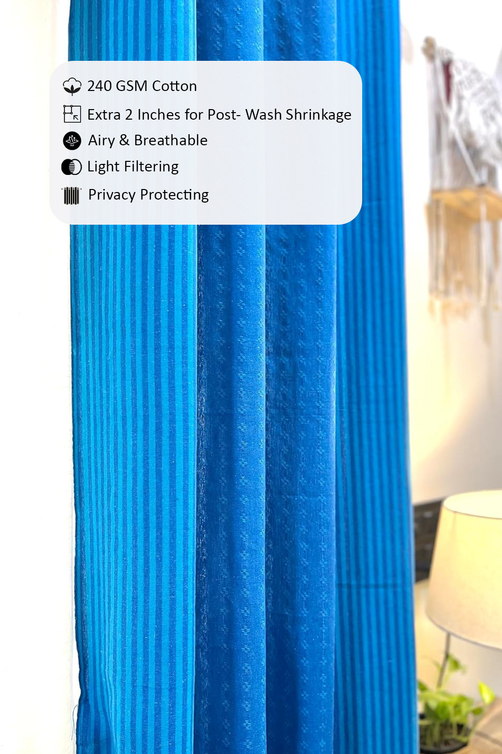 Handloom Cotton Blue Darkened Glow Curtains 7 feet (Set of 2)
