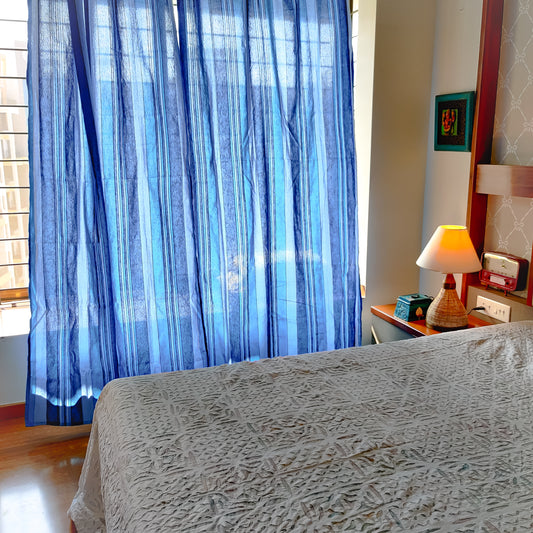 Handloom Cotton Blue Striped Light Filtering Curtains 8 feet (Set of 2)