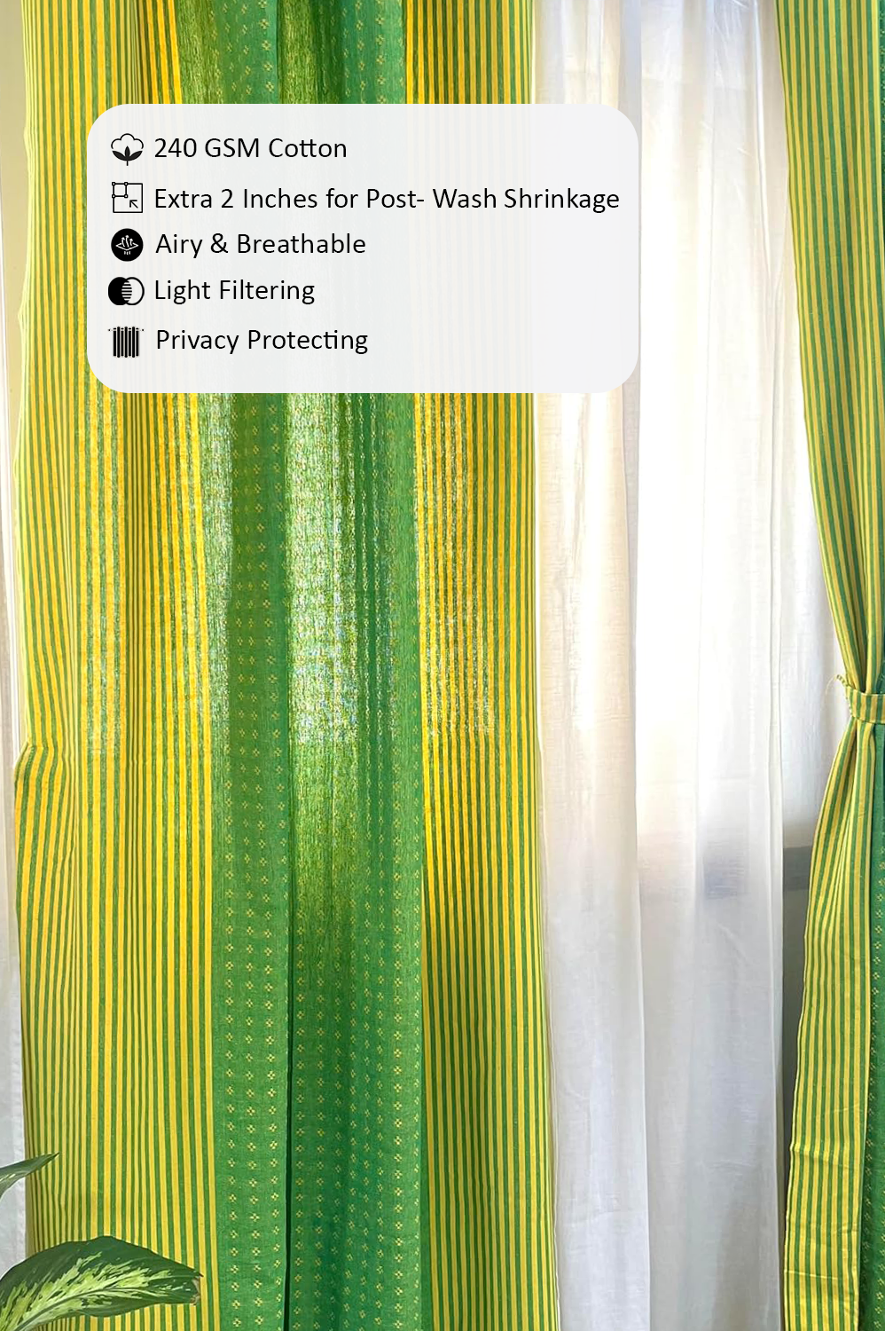 Handloom Cotton Green-Yellow Darkened Glow Curtains 5 feet (Set of 2)