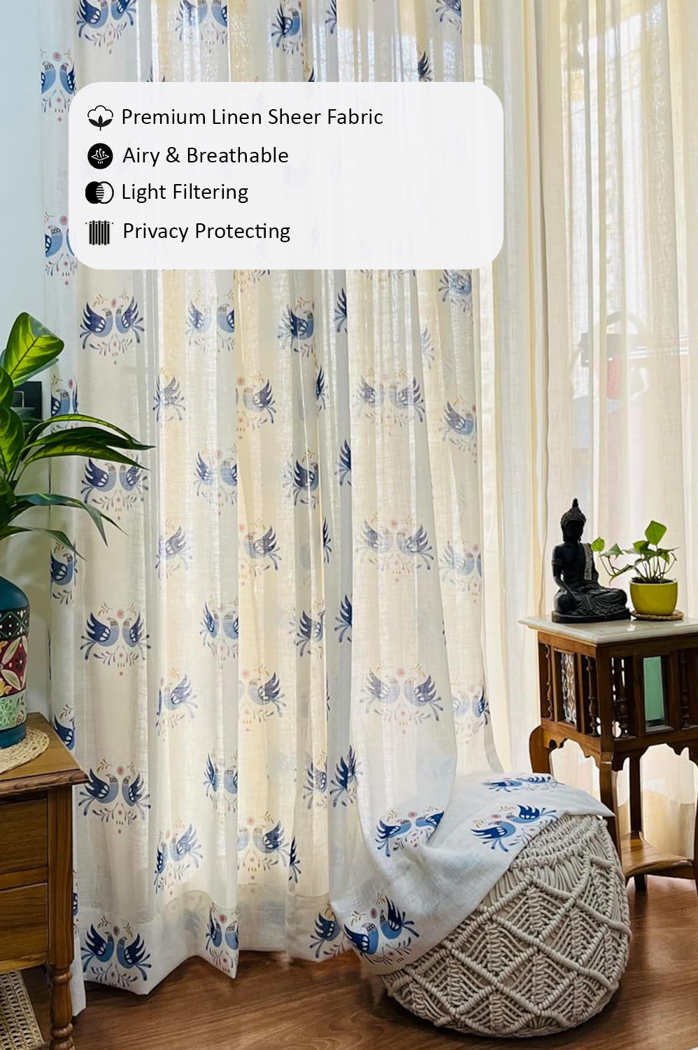 Handloom Cotton Blue Sparrow Sheer Curtains 9 feet (Set of 2)