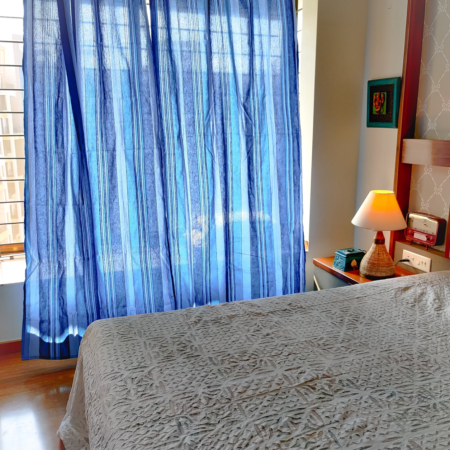 Handloom Cotton Blue Striped Light Filtering Curtains 5 feet (Set of 2)