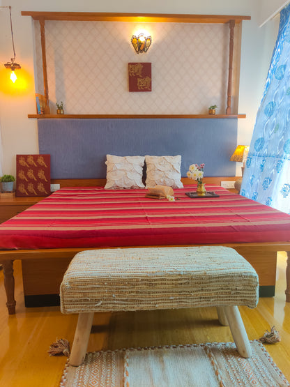 Handloom Cotton Maroon Striped Double Bedcover without Pillow Covers