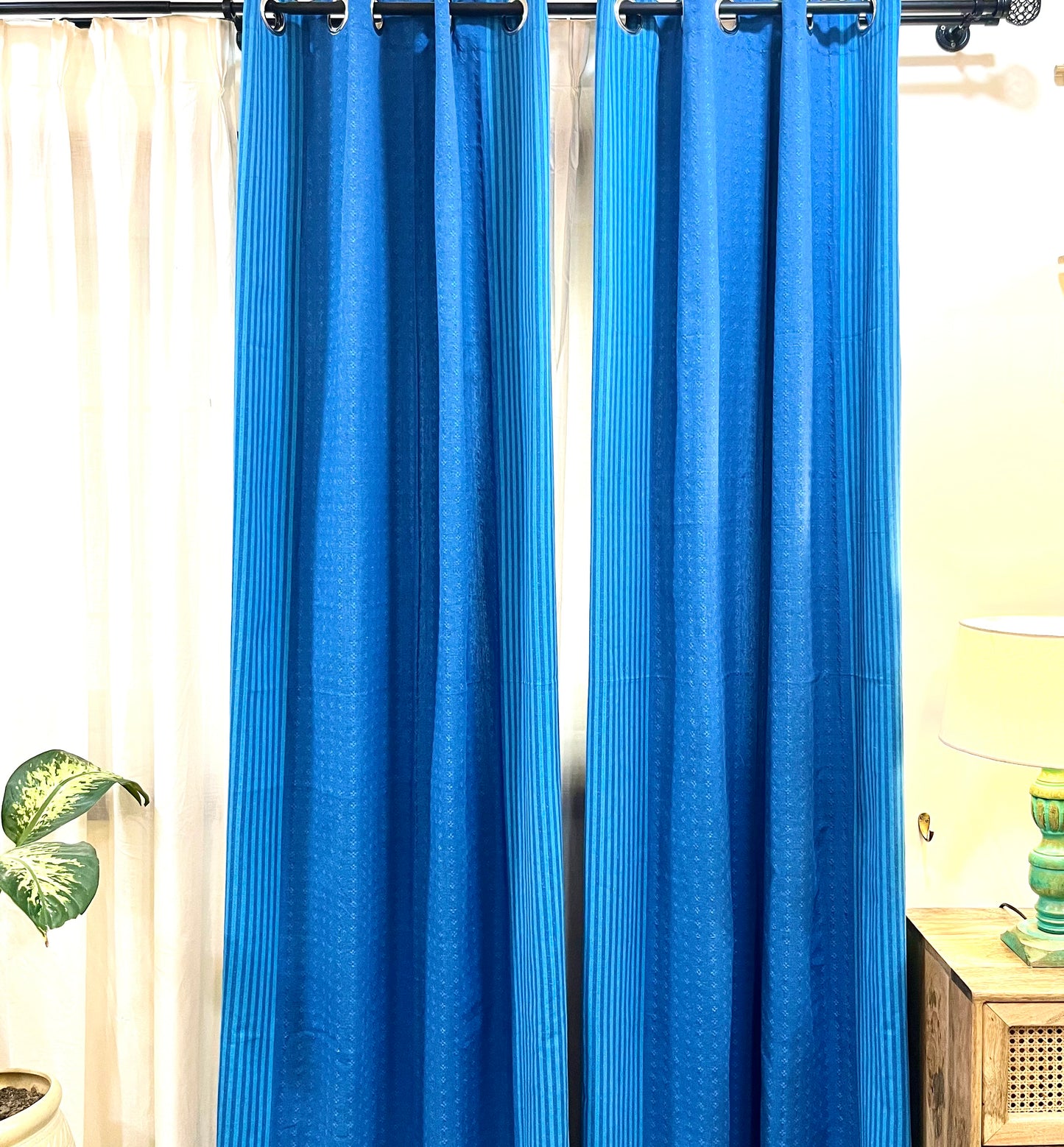 Handloom Cotton Blue Darkened Glow Curtains 7 feet (Set of 2)