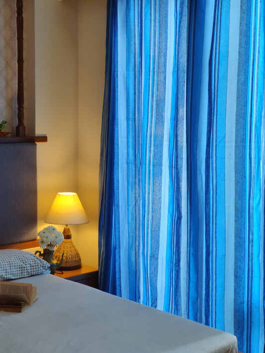 Handloom Cotton Blue Striped Light Filtering Curtains 7 feet (Set of 2)