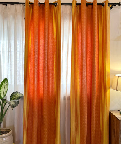 Handloom Cotton Orange-Yellow Darkened Glow Curtains 8 feet (Set of 2)