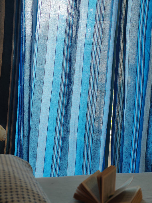 Handloom Cotton Blue Striped Light Filtering Curtains 5 feet (Set of 2)
