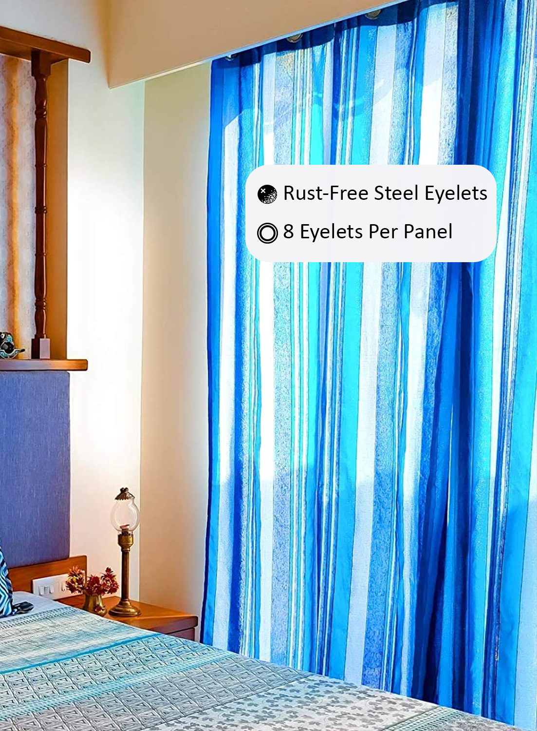 Handloom Cotton Blue Striped Light Filtering Curtains 5 feet (Set of 2)