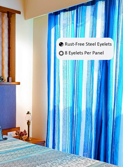 Handloom Cotton Blue Striped Light Filtering Curtains 5 feet (Set of 2)