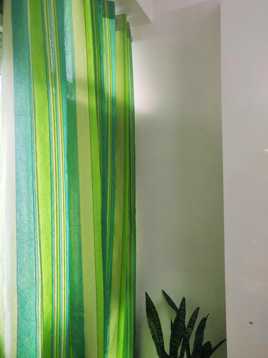 Handloom Cotton Green Striped Light Filtering Curtains 8 feet (Set of 2)