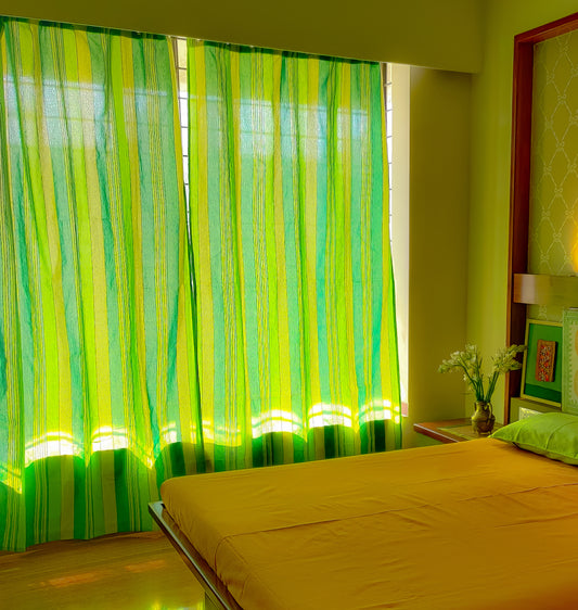 Handloom Cotton Green Striped Light Filtering Curtains 9 feet (Set of 2)