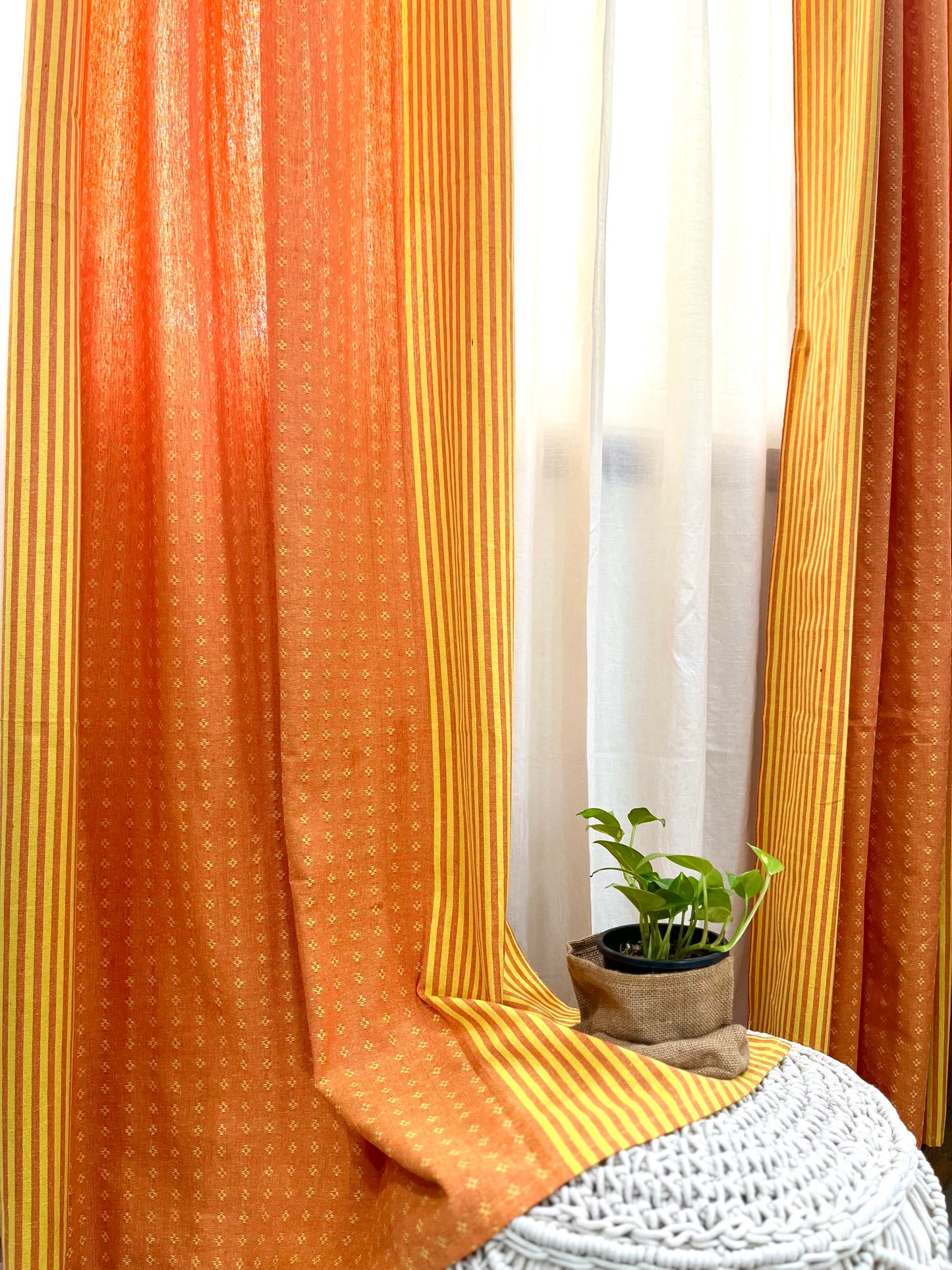 Handloom Cotton Orange-Yellow Darkened Glow Curtains 5 feet (Set of 2)