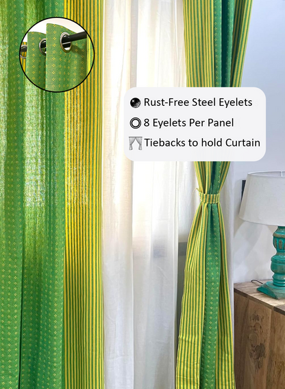 Handloom Cotton Green-Yellow Darkened Glow Curtains 5 feet (Set of 2)