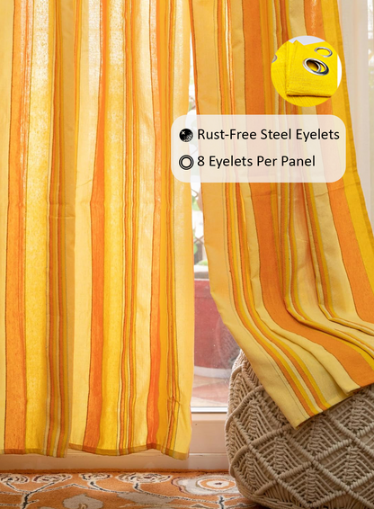 Handloom Cotton Yellow Striped Light Filtering Curtains 8 feet (Set of 2)