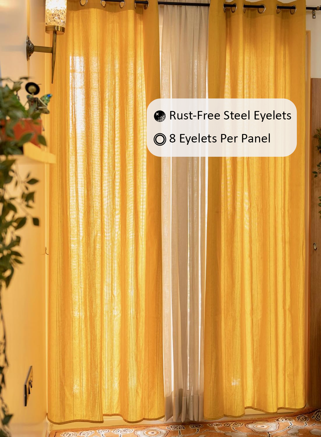 Handloom Cotton Yellow Solid Light Filtering Curtains 9 feet (Set of 2)