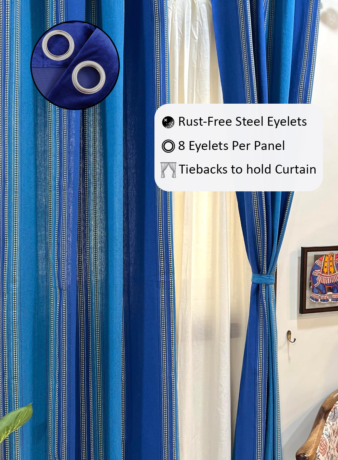 Handloom Cotton Blue Striped Darkened Glow Curtains 5 feet (Set of 2)