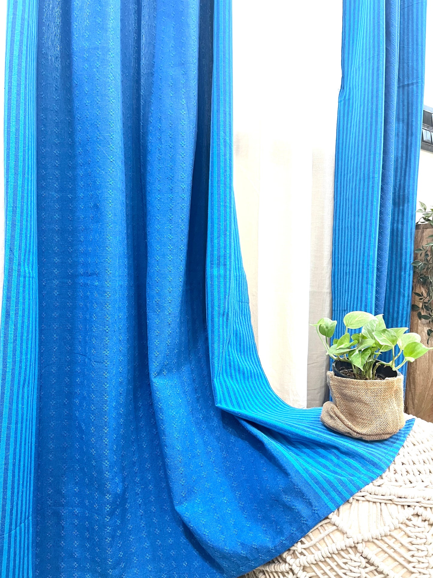 Handloom Cotton Blue Darkened Glow Curtains 9 feet (Set of 2)