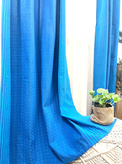 Handloom Cotton Blue Darkened Glow Curtains 9 feet (Set of 2)