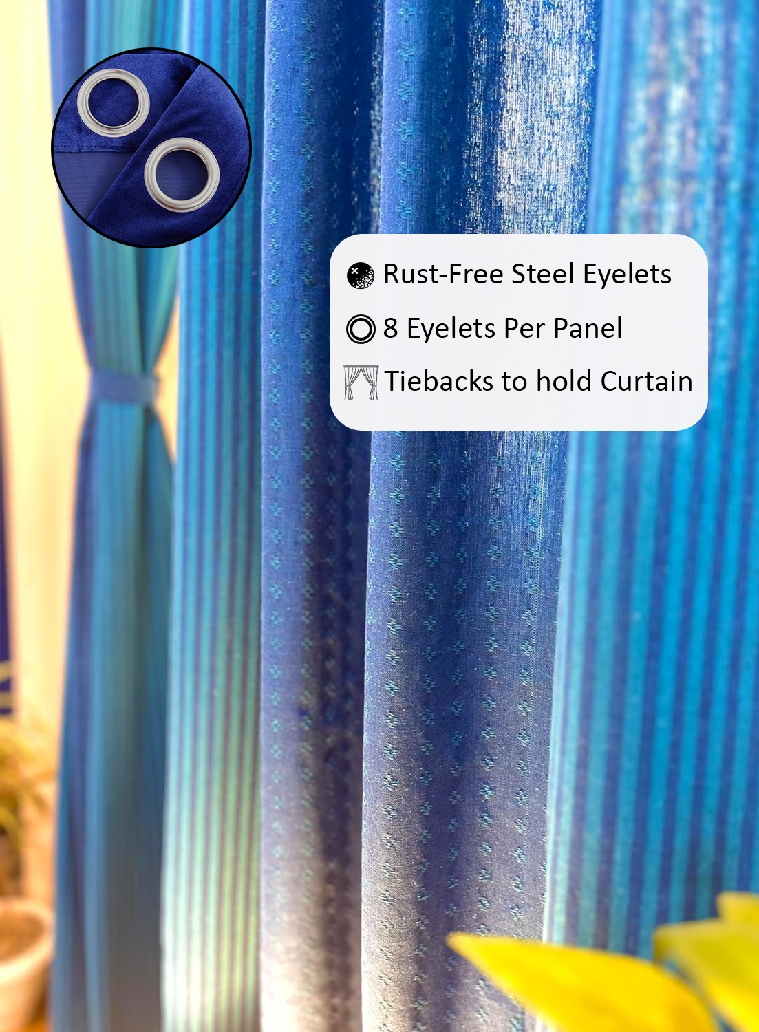 Handloom Cotton Blue Darkened Glow Curtains 8 feet (Set of 2)