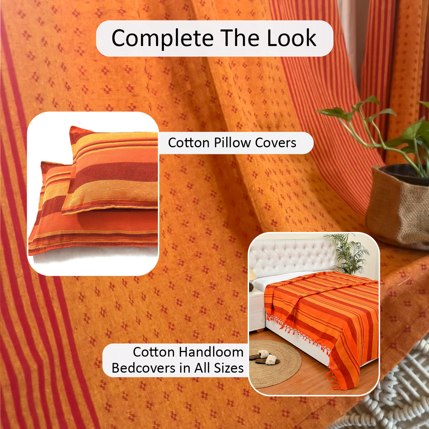 Handloom Cotton Orange-Red Darkened Glow Curtains 9 feet (Set of 2)