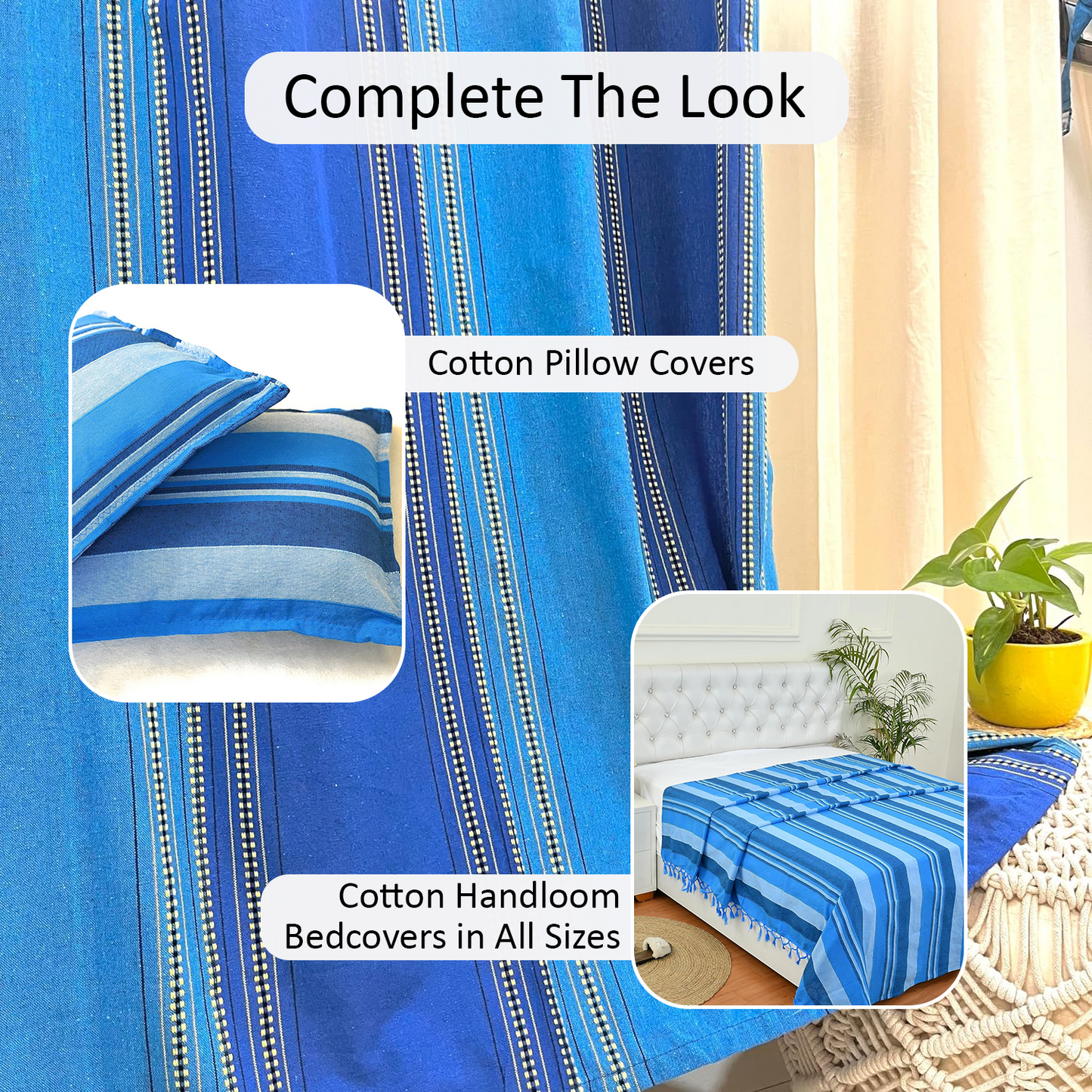 Handloom Cotton Blue Striped Darkened Glow Curtains 7 feet (Set of 2)