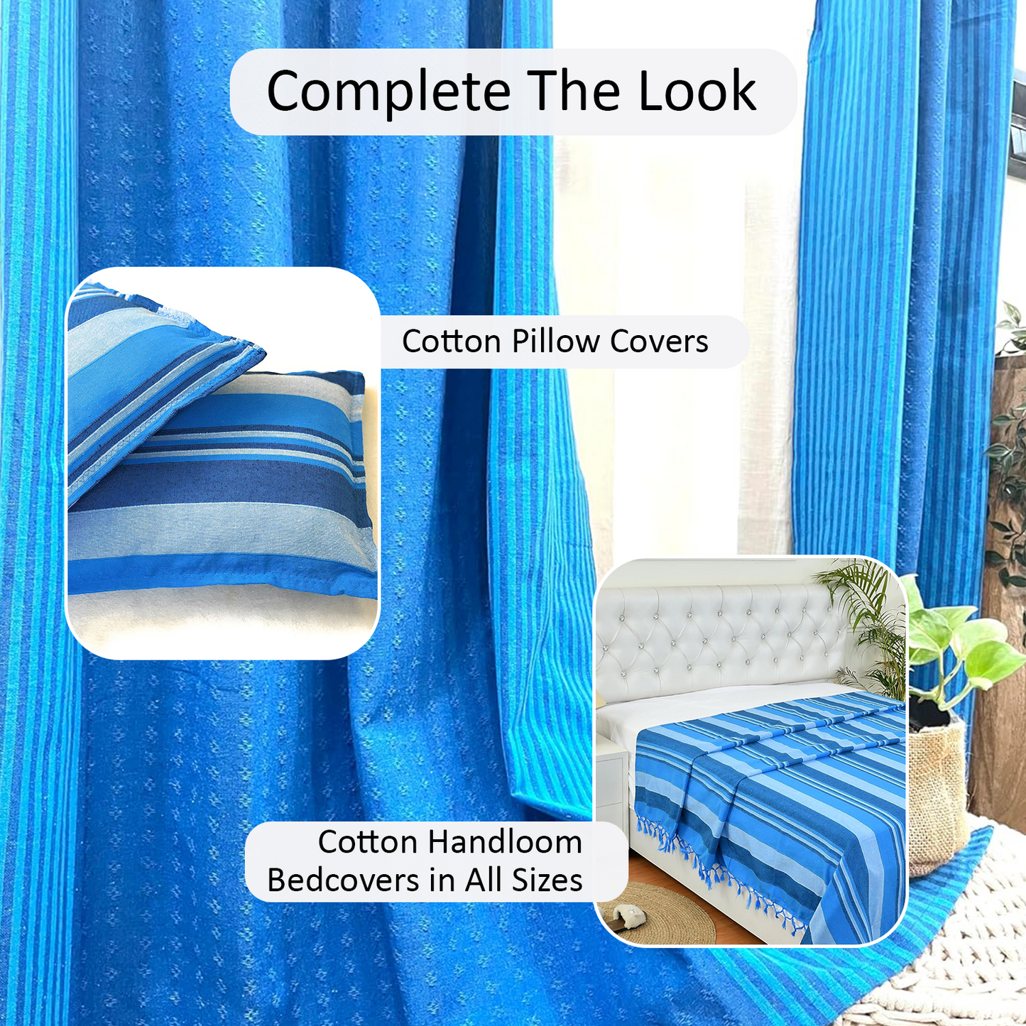 Handloom Cotton Blue Darkened Glow Curtains 5 feet (Set of 2)