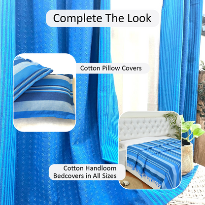 Handloom Cotton Blue Darkened Glow Curtains 5 feet (Set of 2)