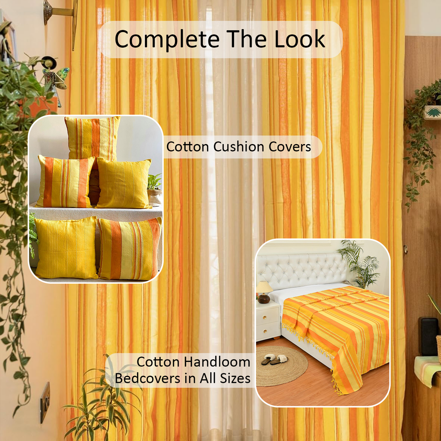 Handloom Cotton Yellow Striped Light Filtering Curtains 8 feet (Set of 2)