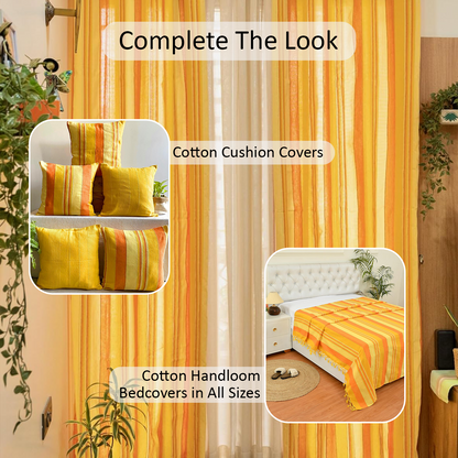 Handloom Cotton Yellow Striped Light Filtering Curtains 8 feet (Set of 2)
