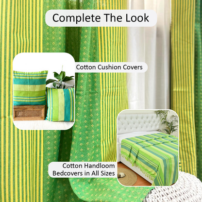 Handloom Cotton Green-Yellow Darkened Glow Curtains 7 feet (Set of 2)