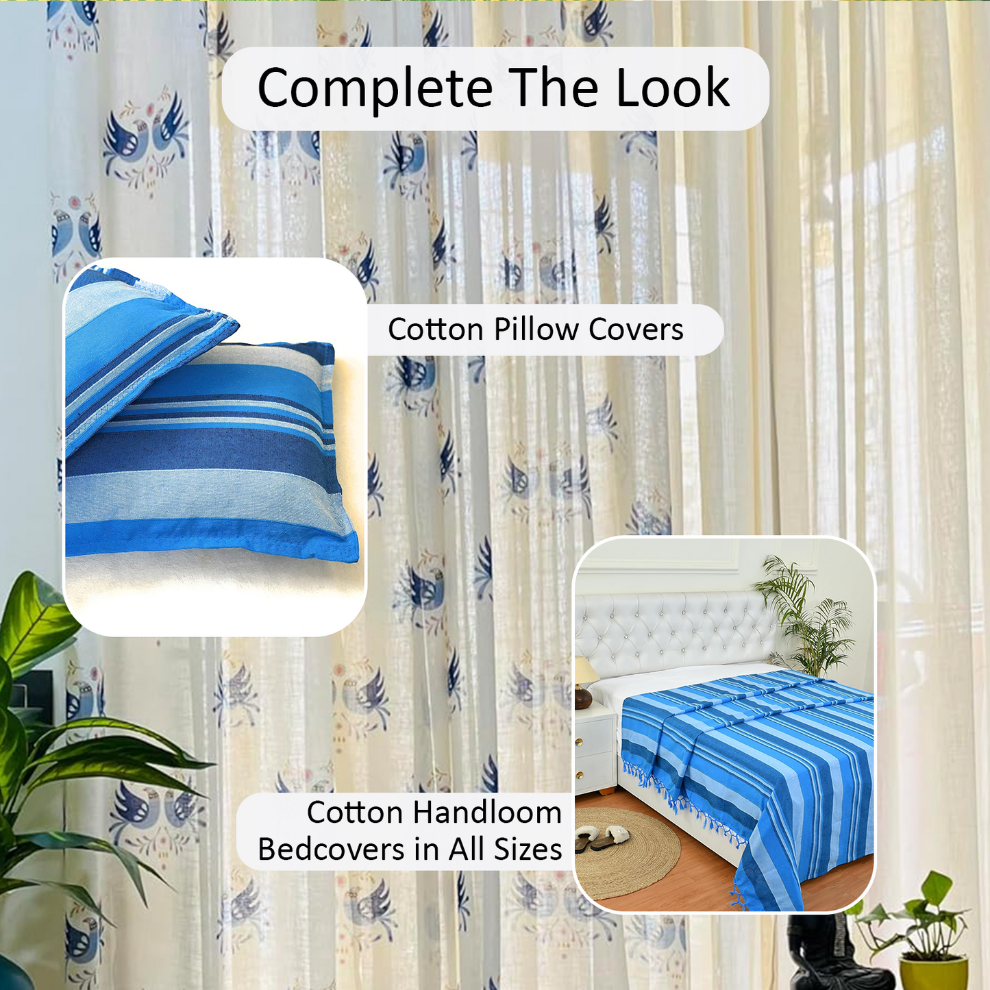 Handloom Cotton Blue Sparrow Sheer Curtains 9 feet (Set of 2)