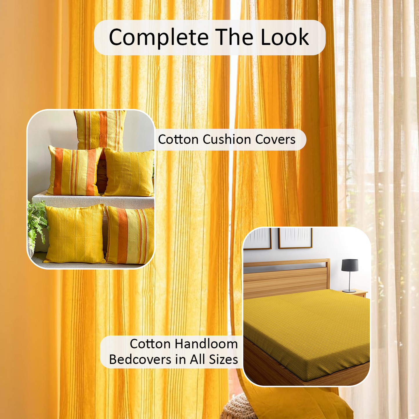 Handloom Cotton Yellow Solid Light Filtering Curtains 8 feet (Set of 2)