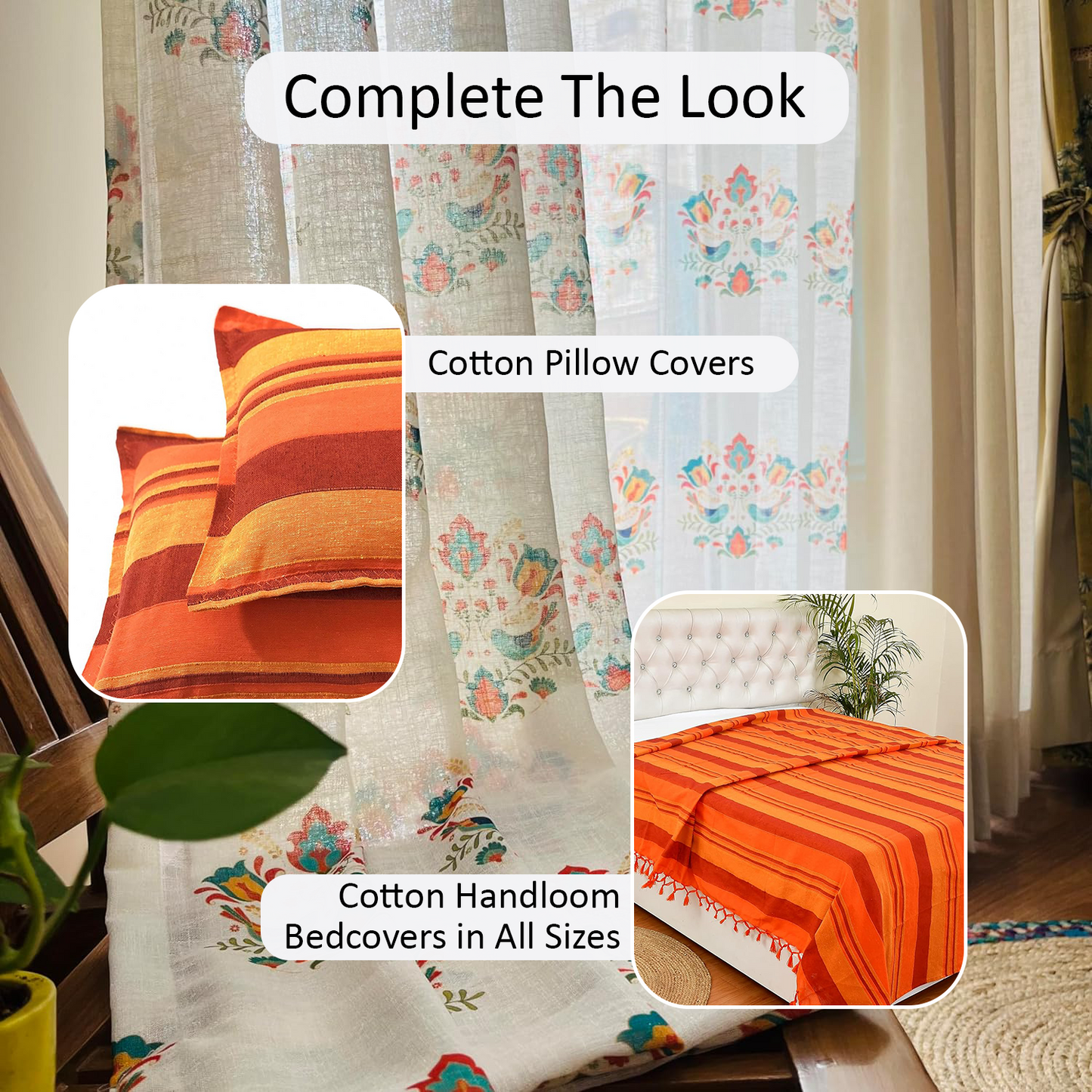 Handloom Cotton Green Sparrow Sheer Curtains 7 feet (Set of 2)