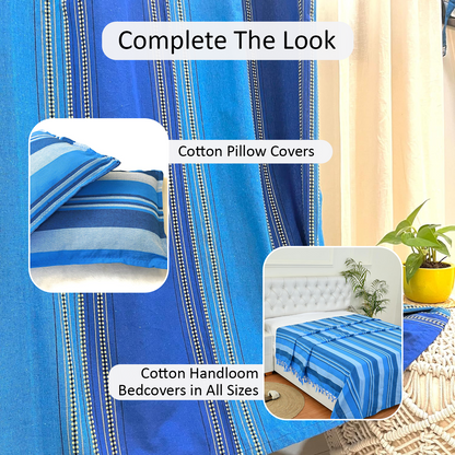 Handloom Cotton Blue Striped Darkened Glow Curtains 9 feet (Set of 2)