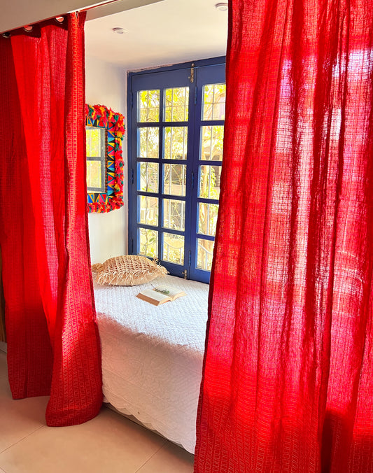 Handloom Cotton Red Box Light Filtering Curtains 8 feet (Set of 2)