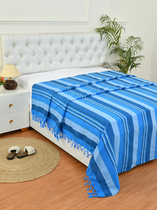 Handloom Cotton Blue Striped King Bedcover without Pillow Covers
