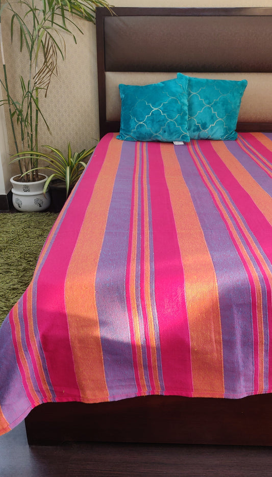 Handloom Cotton Pink Striped Single Bedcover without Pillow Covers