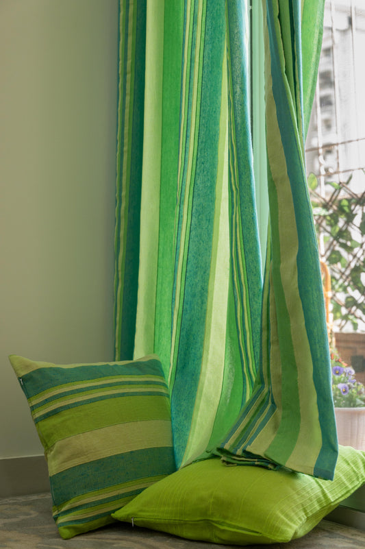 Handloom Cotton Green Striped Light Filtering Curtains 5 feet (Set of 2)