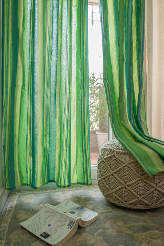 Handloom Cotton Green Striped Light Filtering Curtains 7 feet (Set of 2)