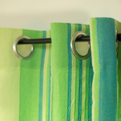 Handloom Cotton Green Striped Light Filtering Curtains 5 feet (Set of 2)