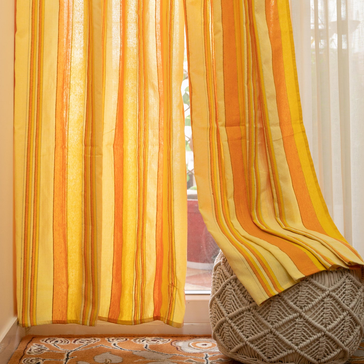 Handloom Cotton Yellow Striped Light Filtering Curtains 8 feet (Set of 2)
