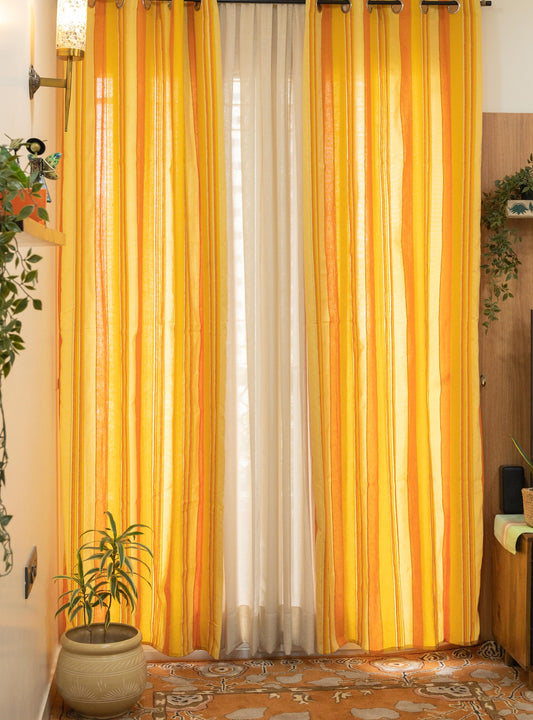 Handloom Cotton Yellow Striped Light Filtering Curtains 9 feet (Set of 2)